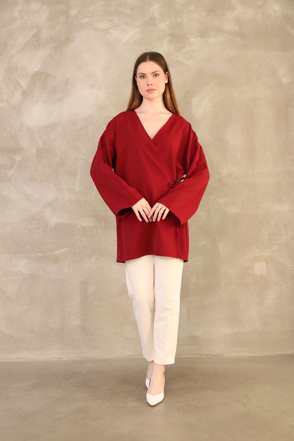 TUN05814-BRD Yan Bağlamalı Atlas Tunik-Bordo