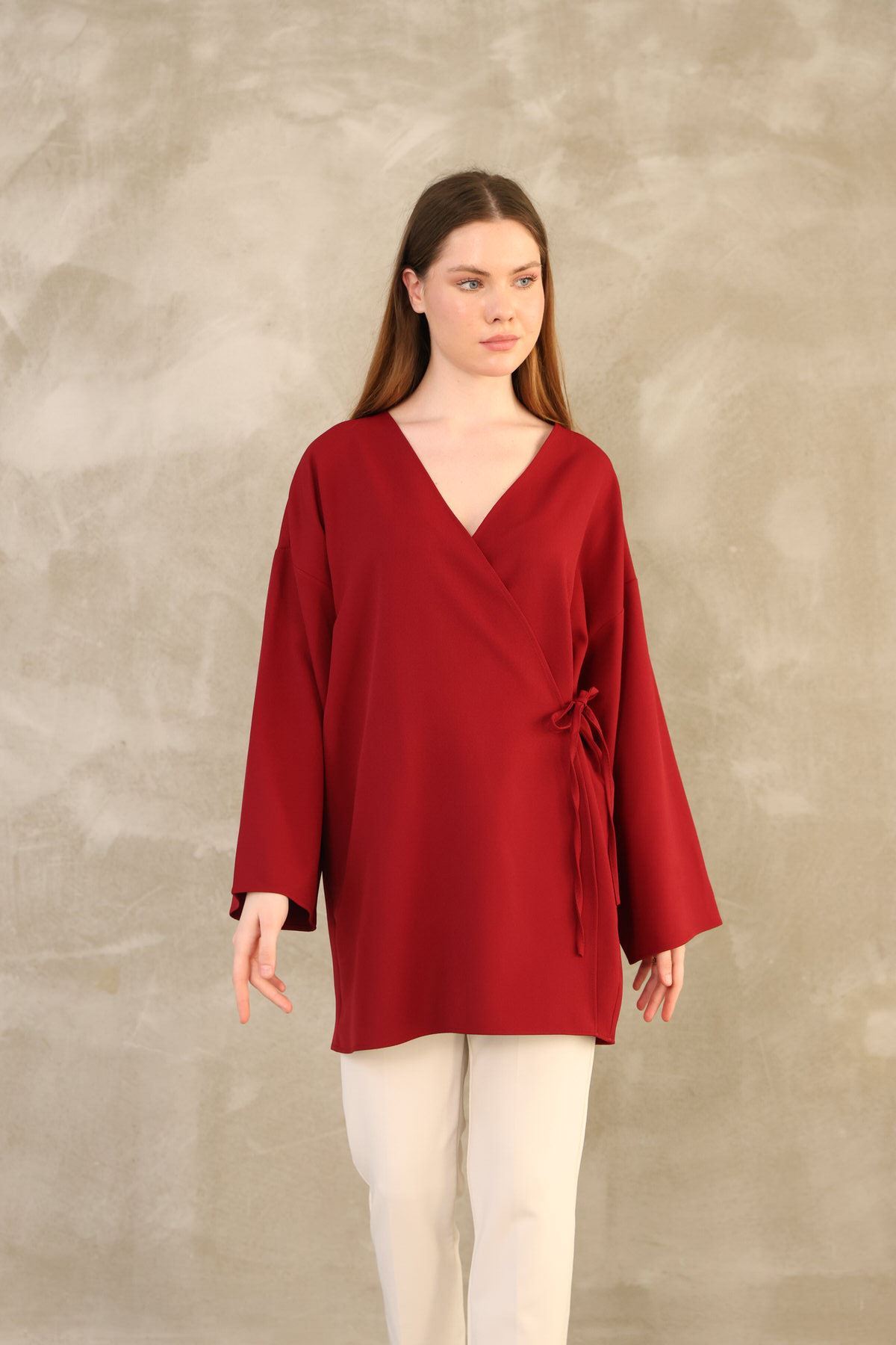 TUN05814-BRD Yan Bağlamalı Atlas Tunik-Bordo