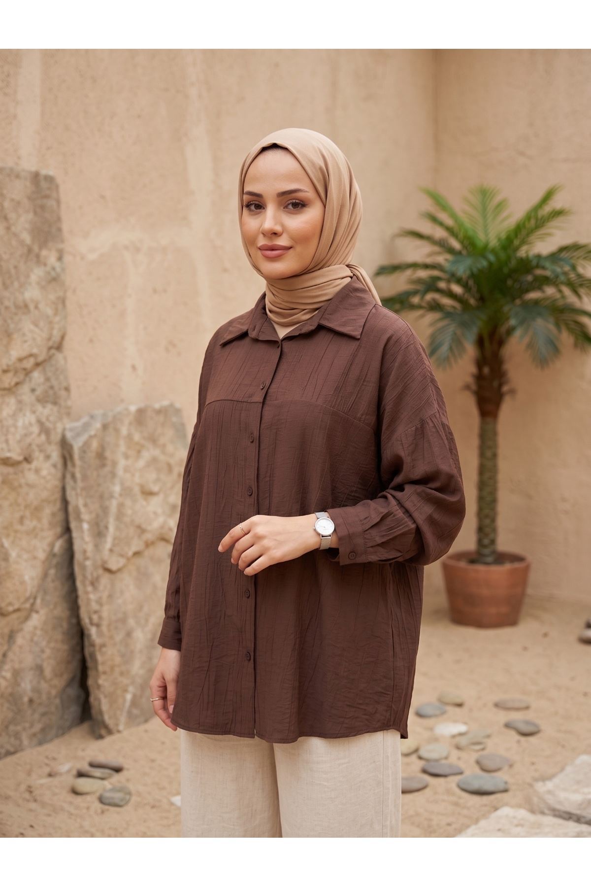 TUN05897-KHV Ön Roba Detaylı Tunik-Kahve