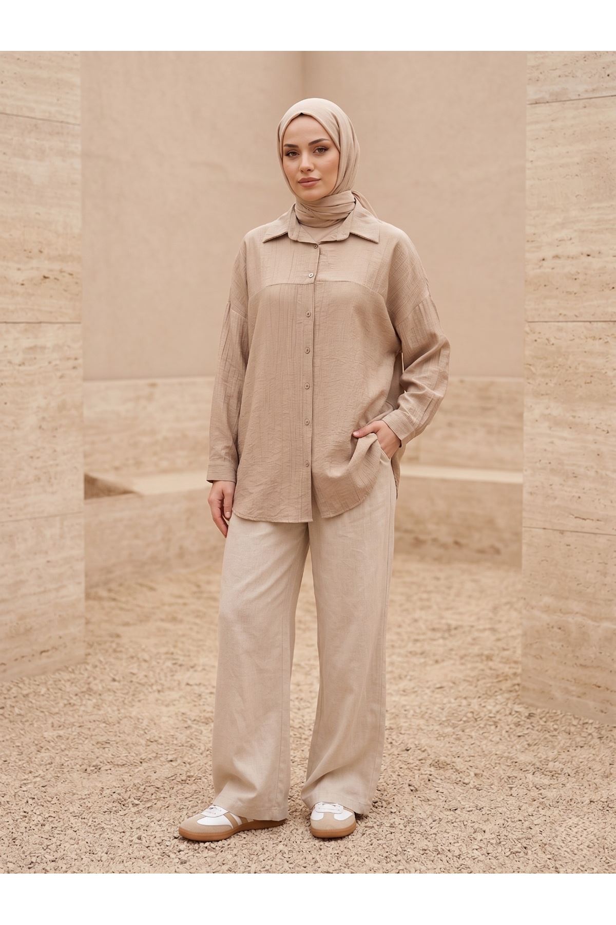 TUN05897-VİZ Ön Roba Detaylı Tunik-Vizon