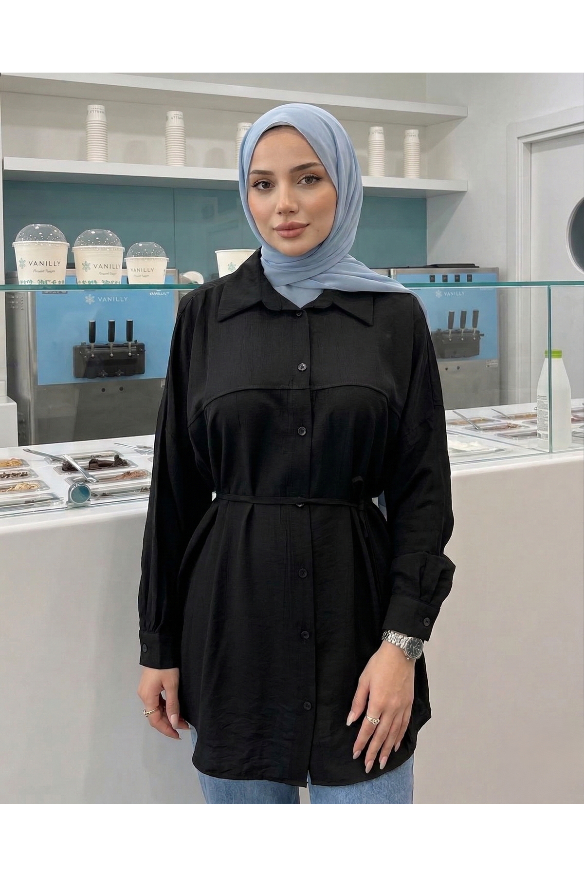 TUN05897-SYH Ön Roba Detaylı Tunik-Siyah