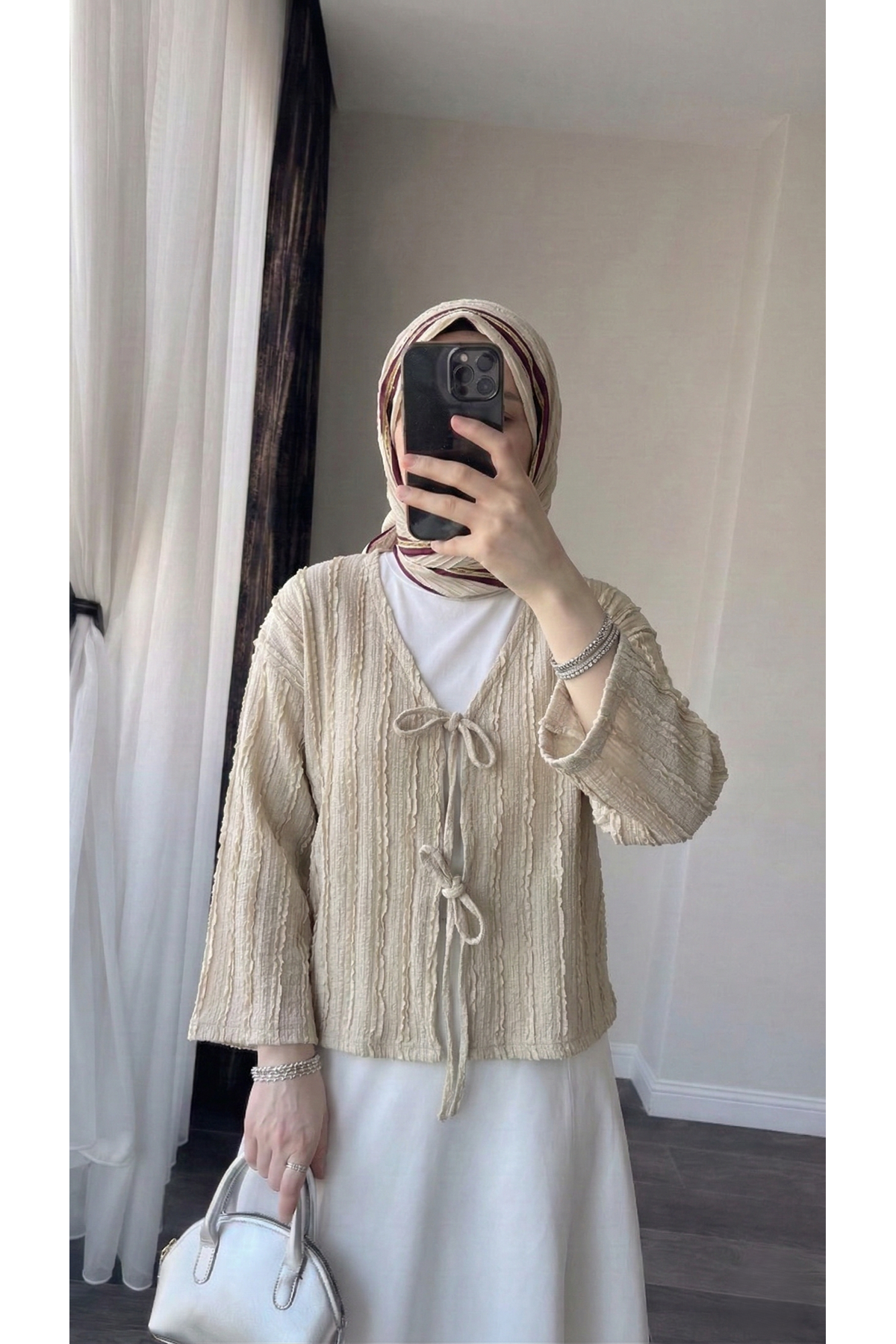 TUN05925-TAŞ Pileli Ön İki Bağlamalı Tunik-Taş