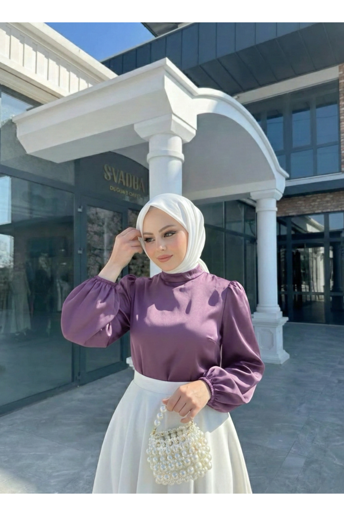 TUN05944-GKR Arka Fermuar Detay Saten Tunik-Gül Kurusu