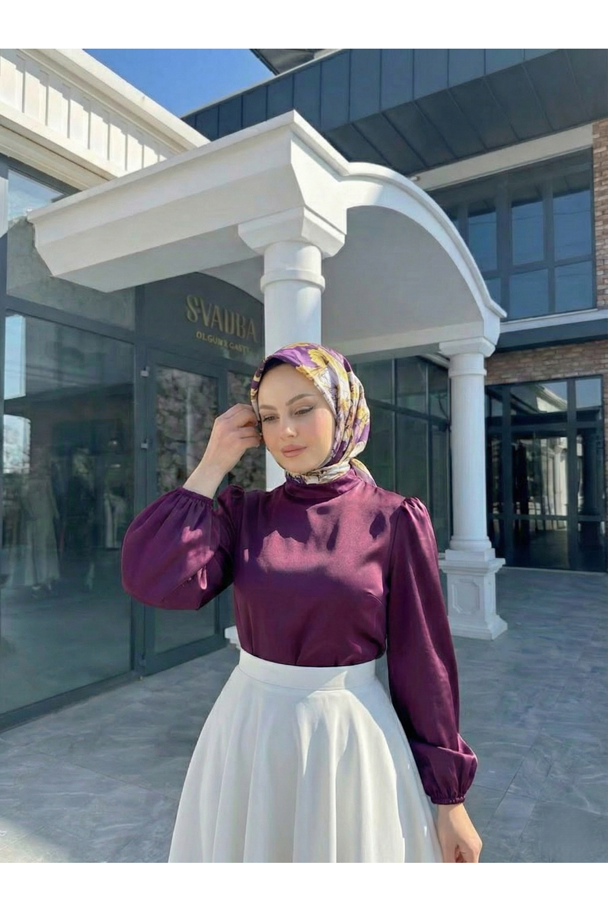 TUN05944-MRD Arka Fermuar Detay Saten Tunik-Mürdüm