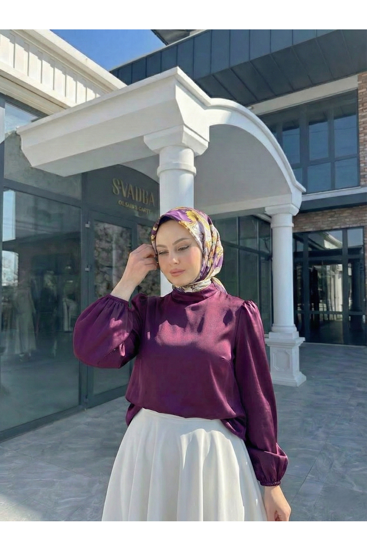 TUN05944-MRD Arka Fermuar Detay Saten Tunik-Mürdüm