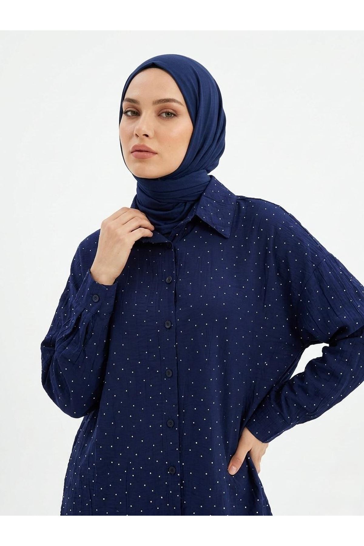 TUN05954-LCV Taş Detay Tunik-Lacivert