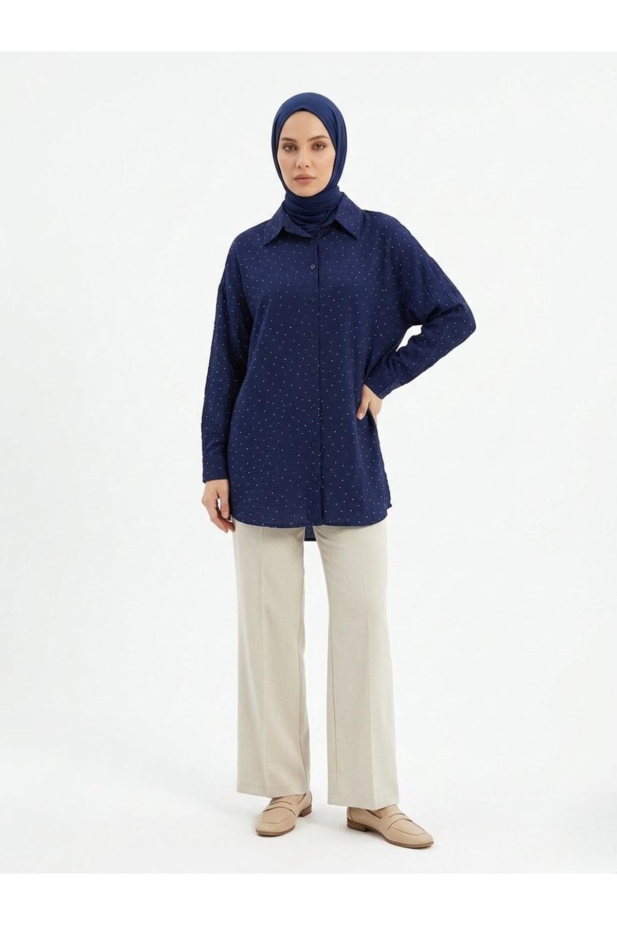 TUN05954-LCV Taş Detay Tunik-Lacivert