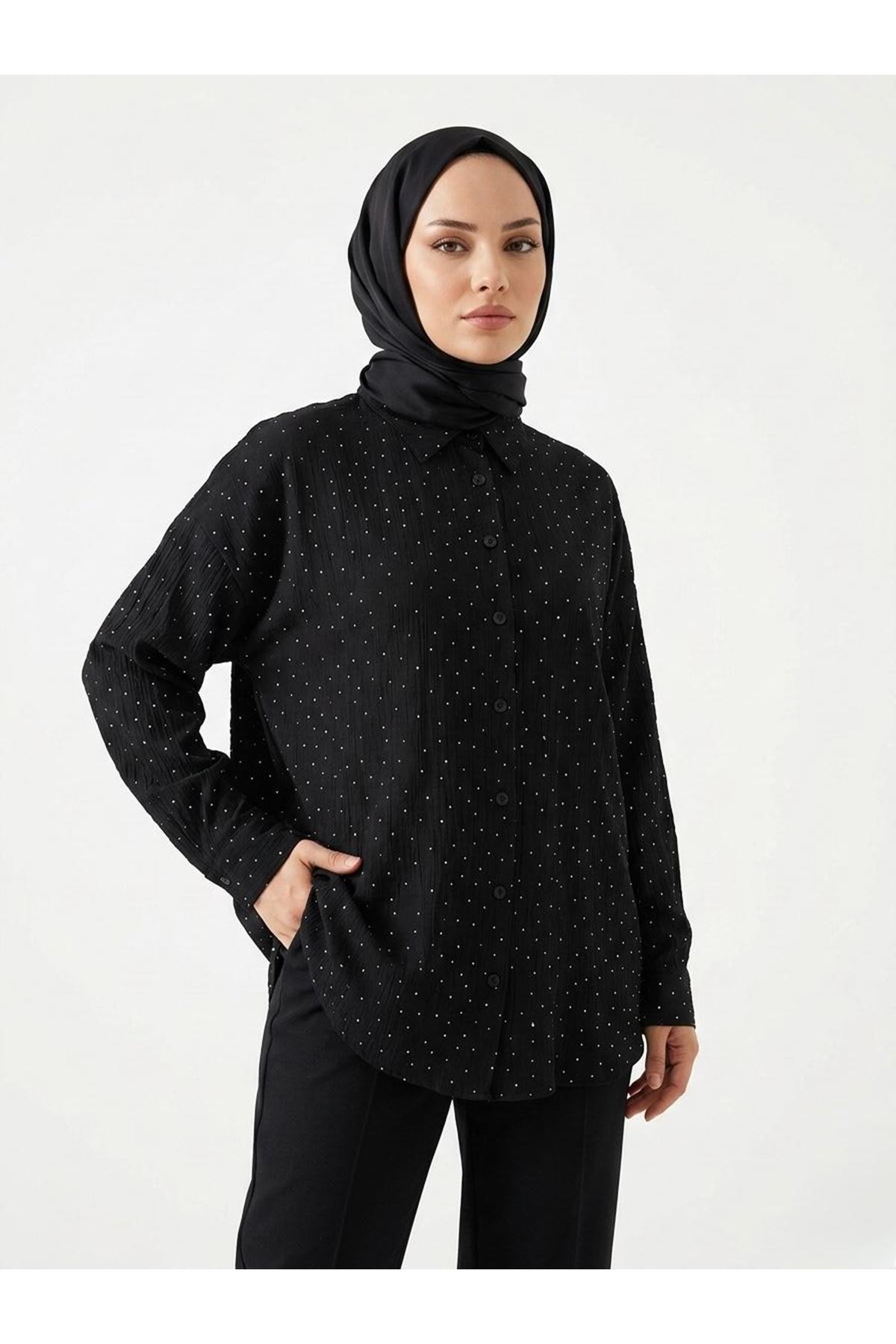 TUN05954-SYH Taş Detay Tunik-Siyah