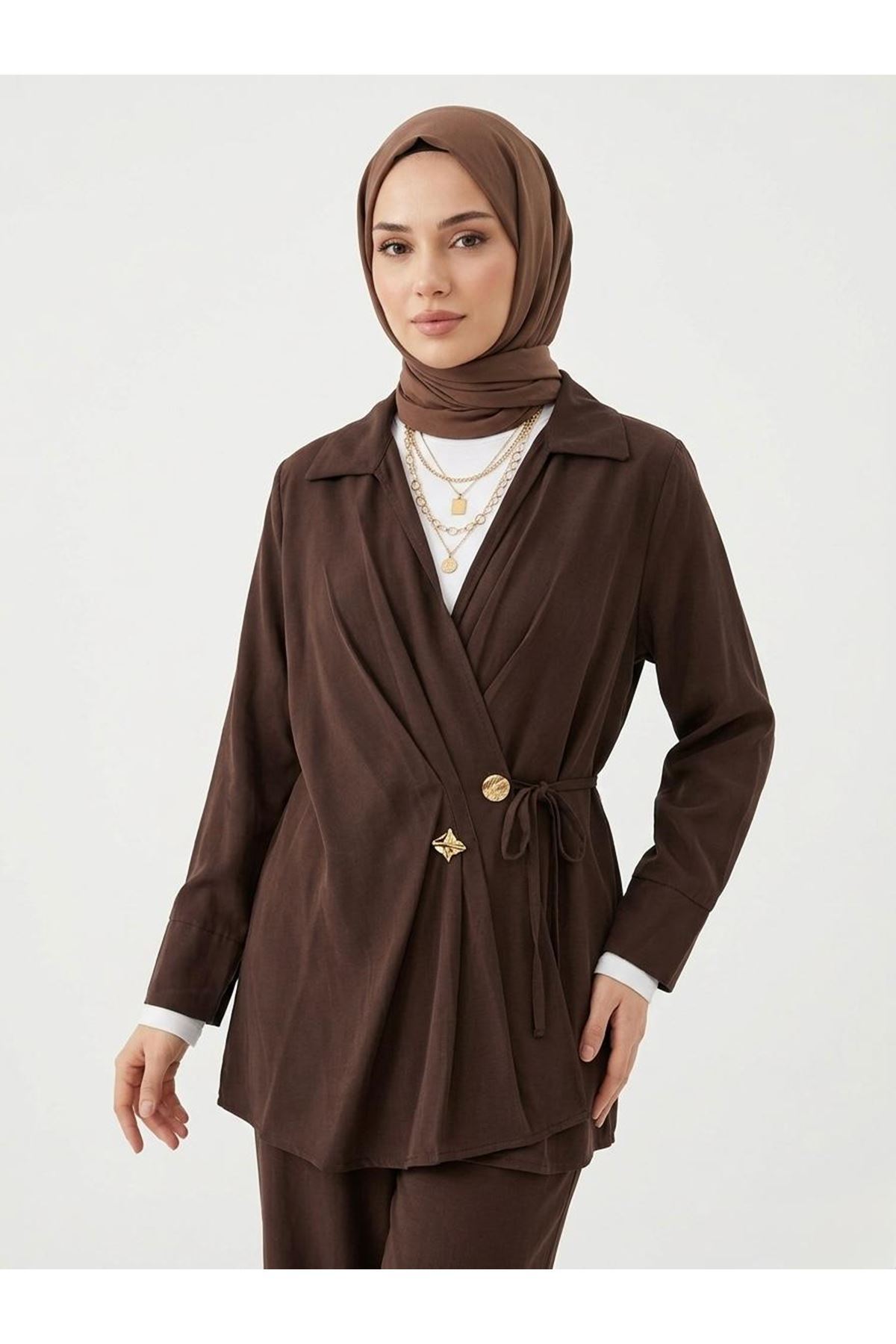 TUN05957-KHV Çift Düğmeli Bağcıklı Tunik-Kahve