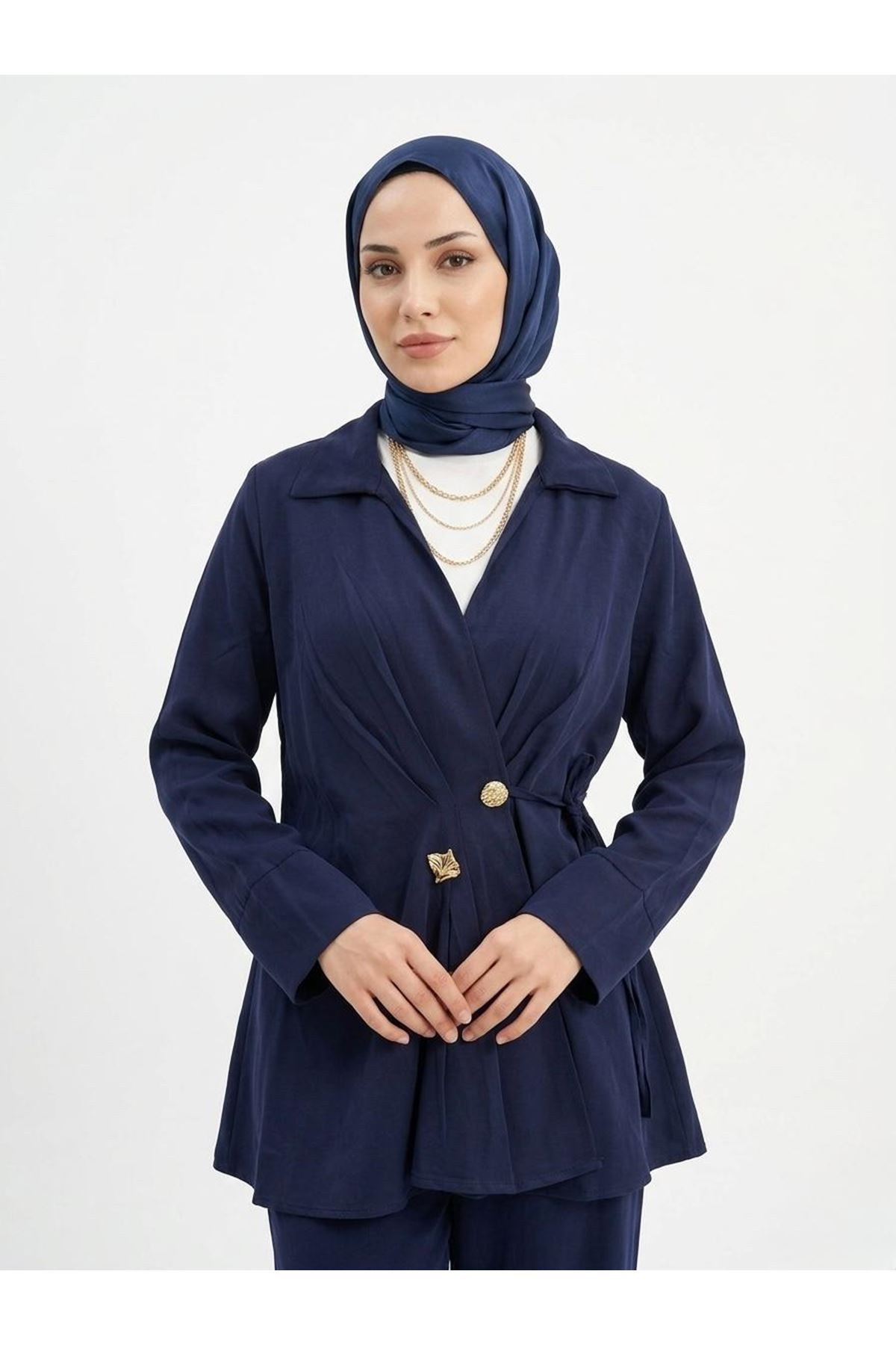 TUN05957-LCV Çift Düğmeli Bağcıklı Tunik-Lacivert