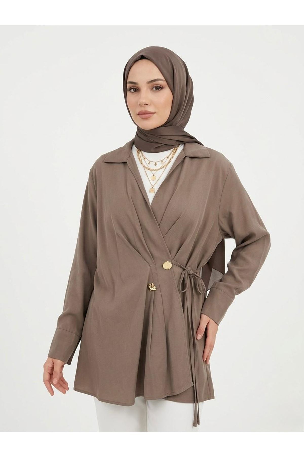 TUN05957-VİZ Çift Düğmeli Bağcıklı Tunik-Vizon