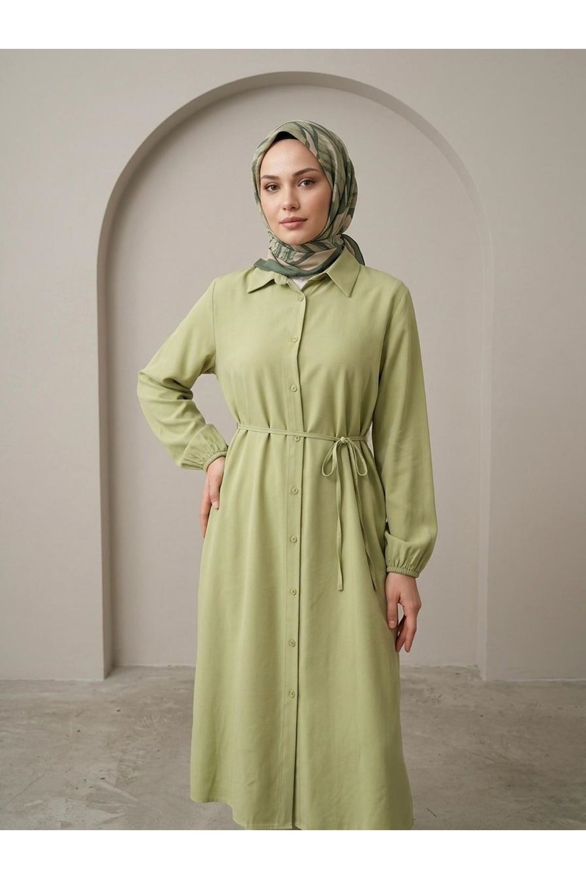 TUN05961-69 Uzun Tensel Tunik-YAĞ YEŞİLİ