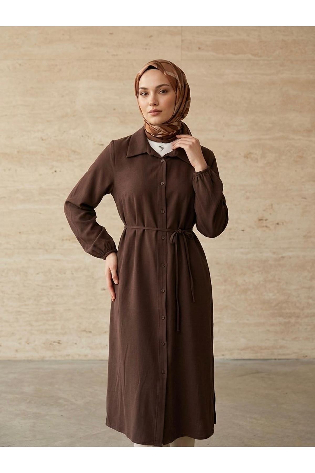 TUN05961-KHV Uzun Tensel Tunik-Kahve