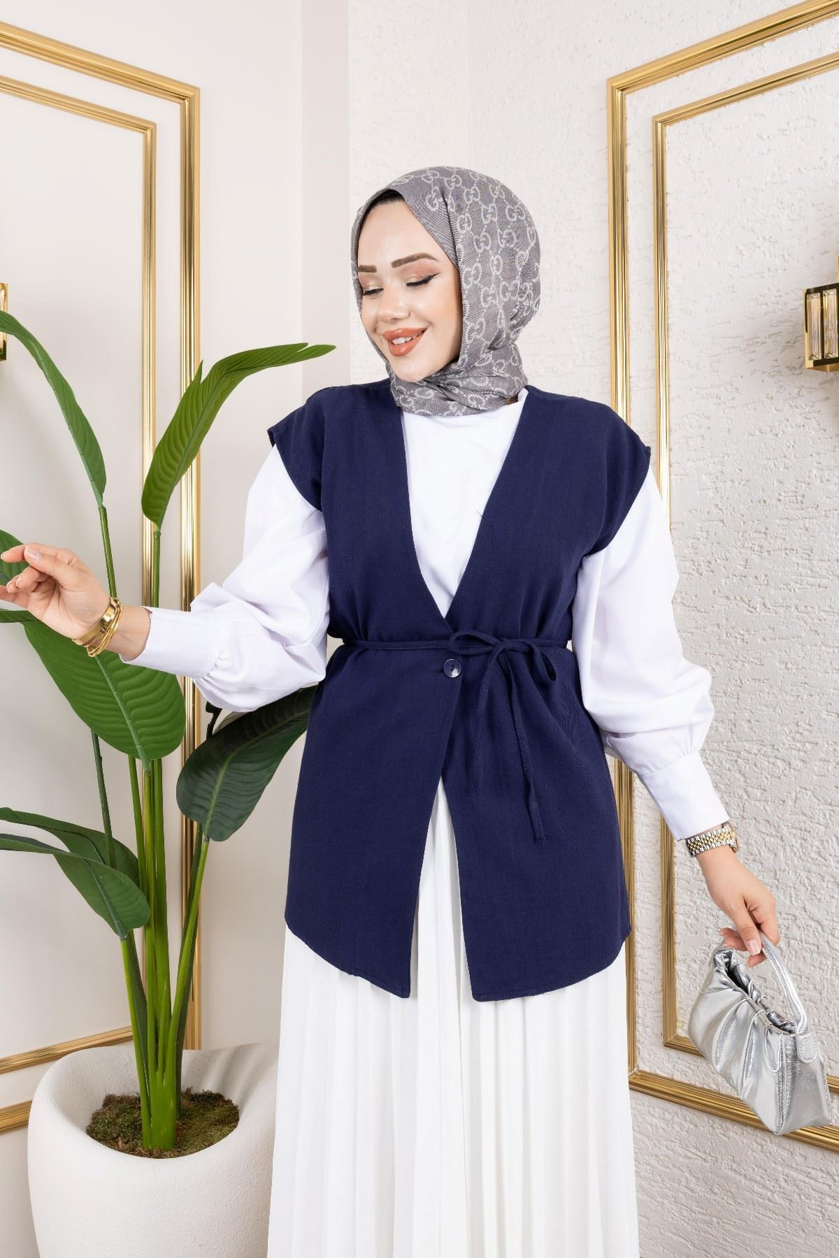 YEL00872-LCV Tek Düğme Keten Yelek-Lacivert