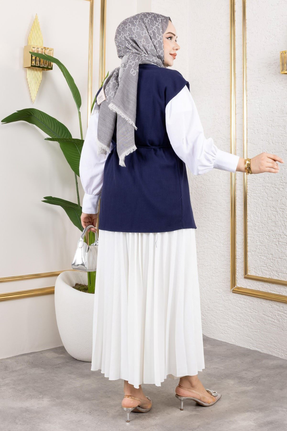 YEL00872-LCV Tek Düğme Keten Yelek-Lacivert