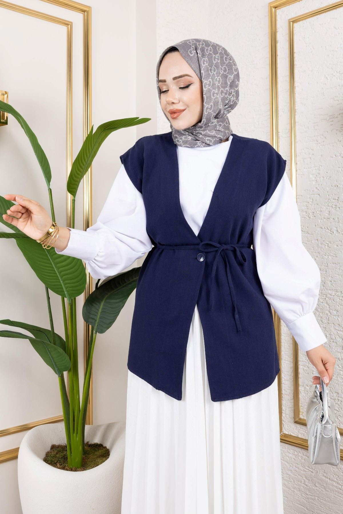 YEL00872-LCV Tek Düğme Keten Yelek-Lacivert