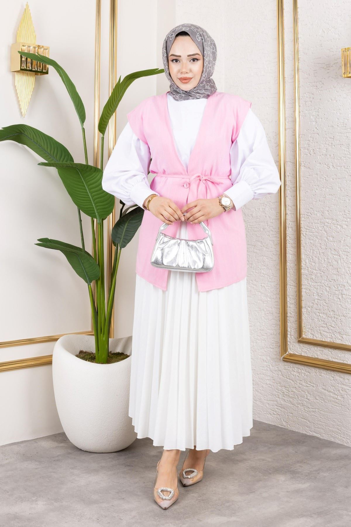 YEL00872-TAŞ Tek Düğme Keten Yelek-Taş