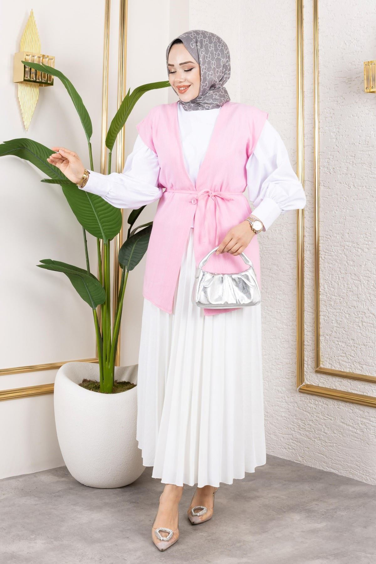 YEL00872-TAŞ Tek Düğme Keten Yelek-Taş