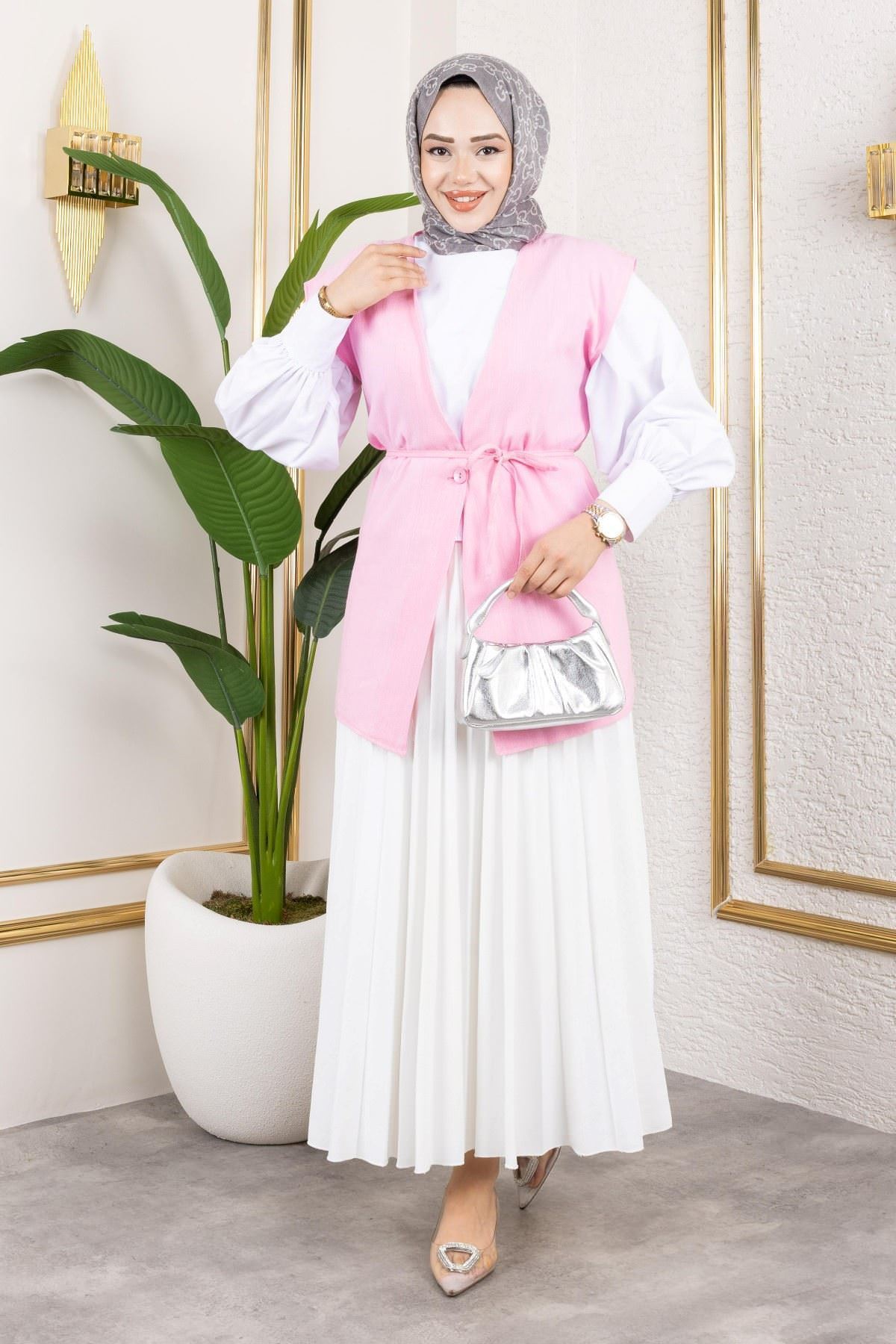 YEL00872-TAŞ Tek Düğme Keten Yelek-Taş