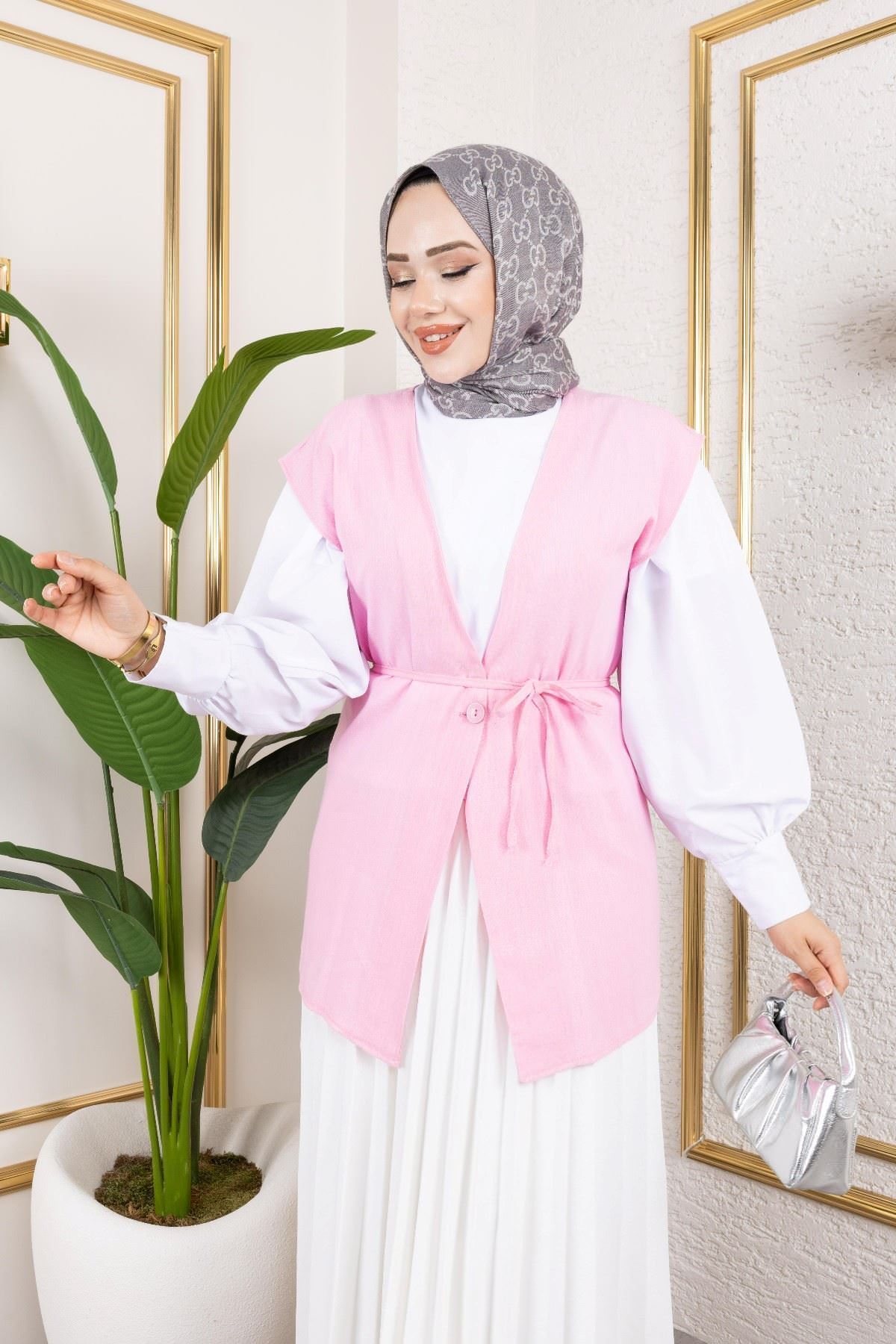 YEL00872-TAŞ Tek Düğme Keten Yelek-Taş