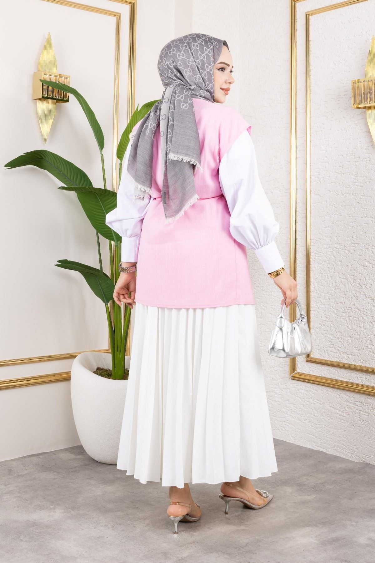 YEL00872-TAŞ Tek Düğme Keten Yelek-Taş