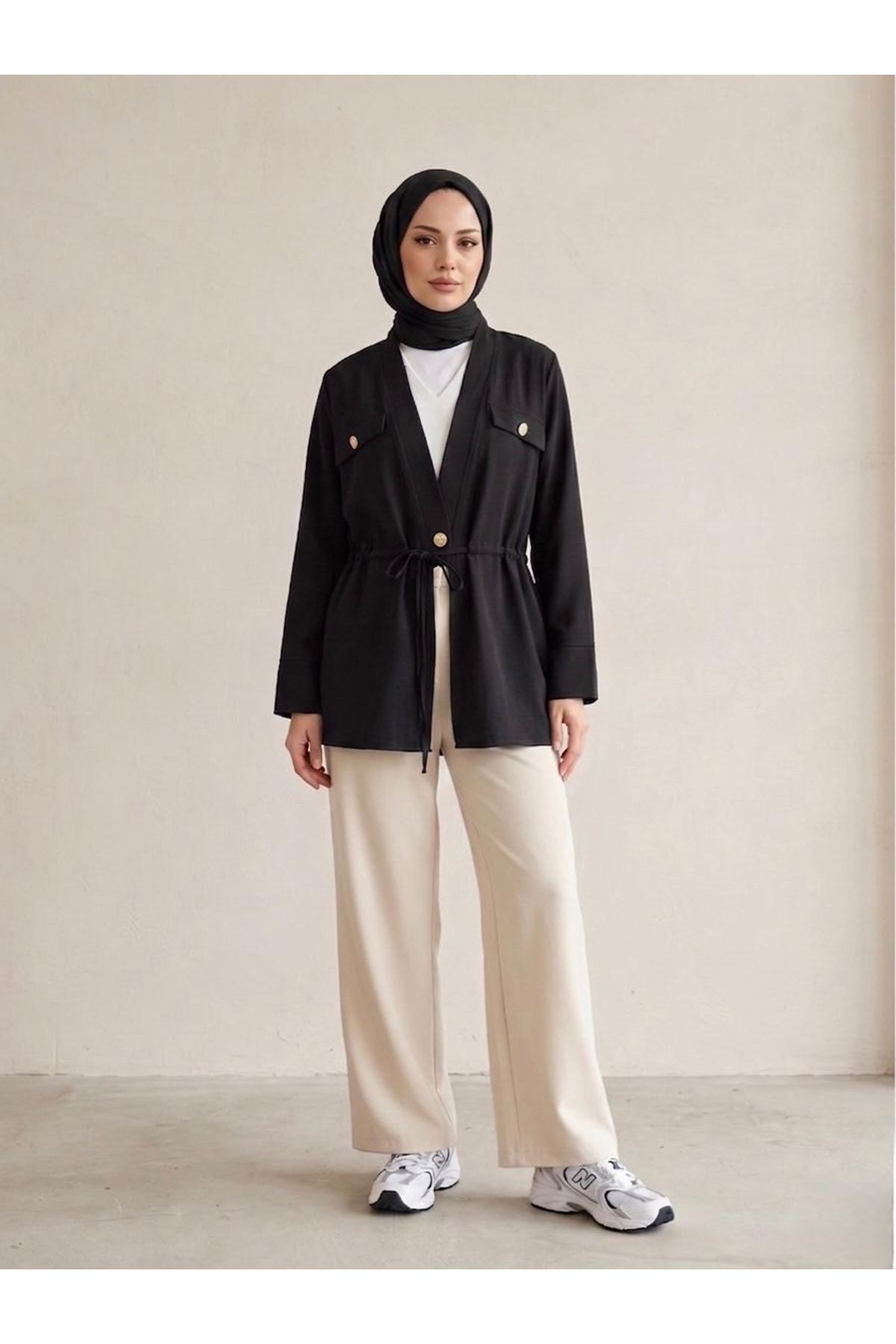 CKT01788-SYH Çift Kapak Tünel Detay Ceket-Siyah