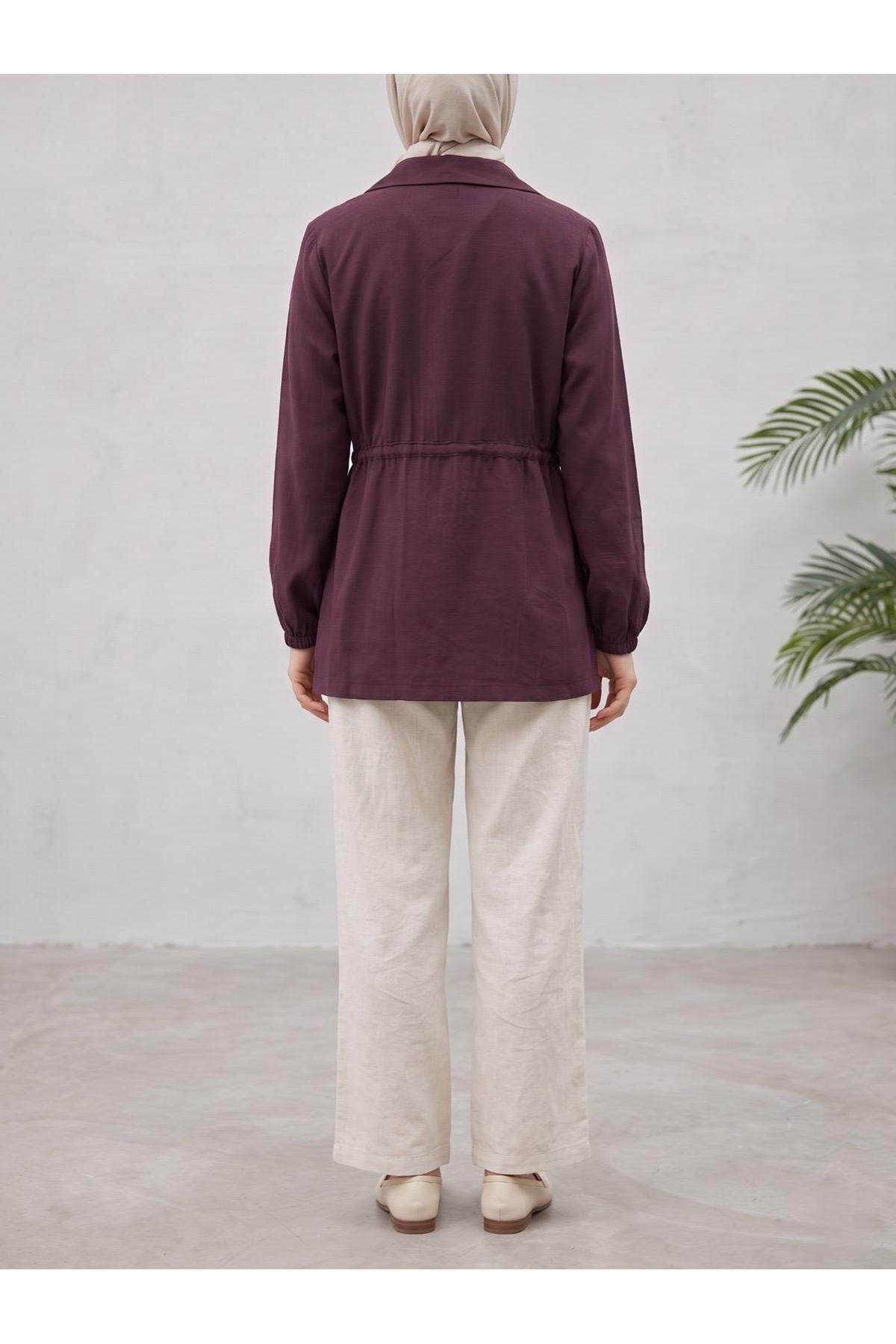 CKT01789-BRD Beli Tünelli Kol Lastik Ceket-Bordo