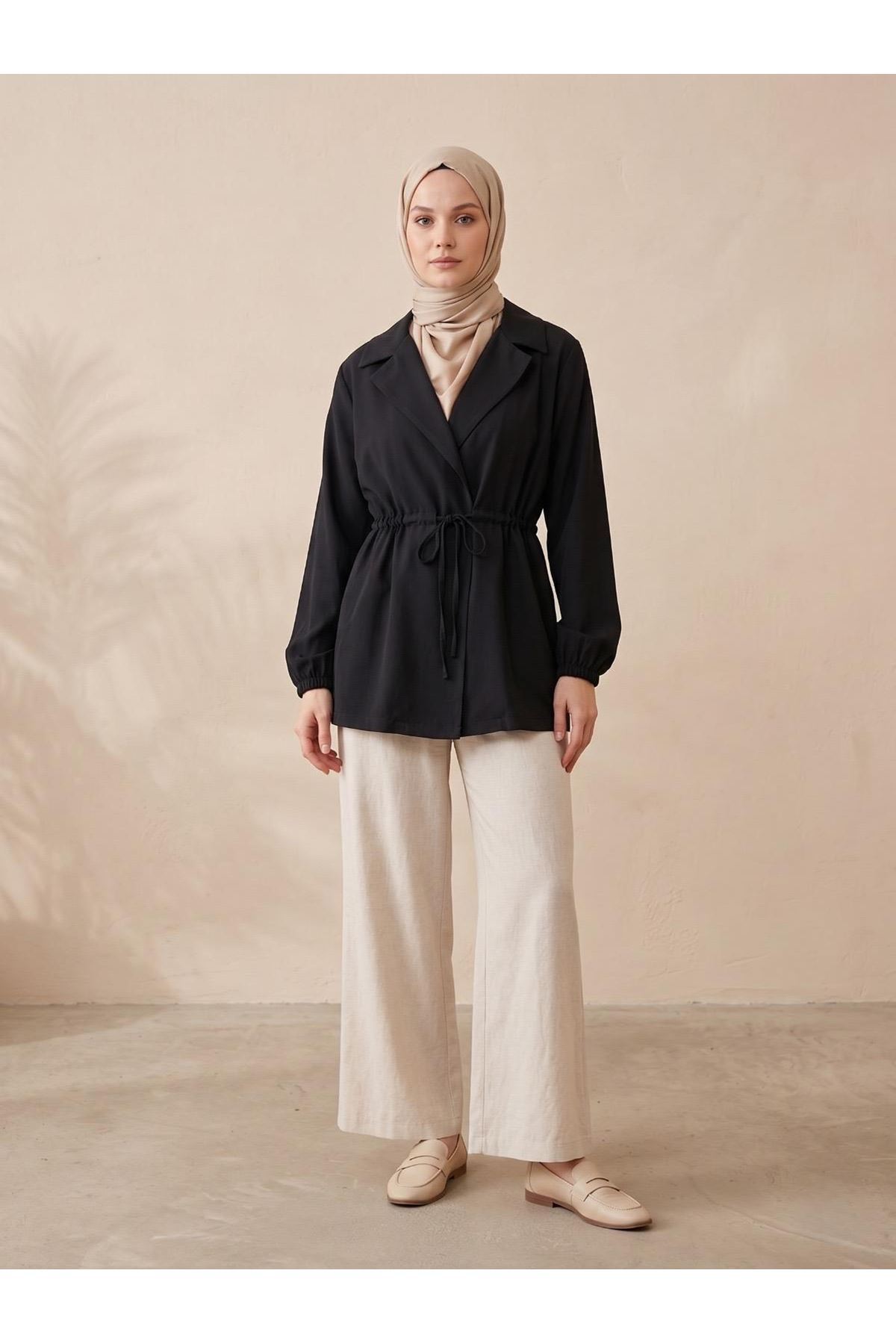 CKT01789-SYH Beli Tünelli Kol Lastik Ceket-Siyah