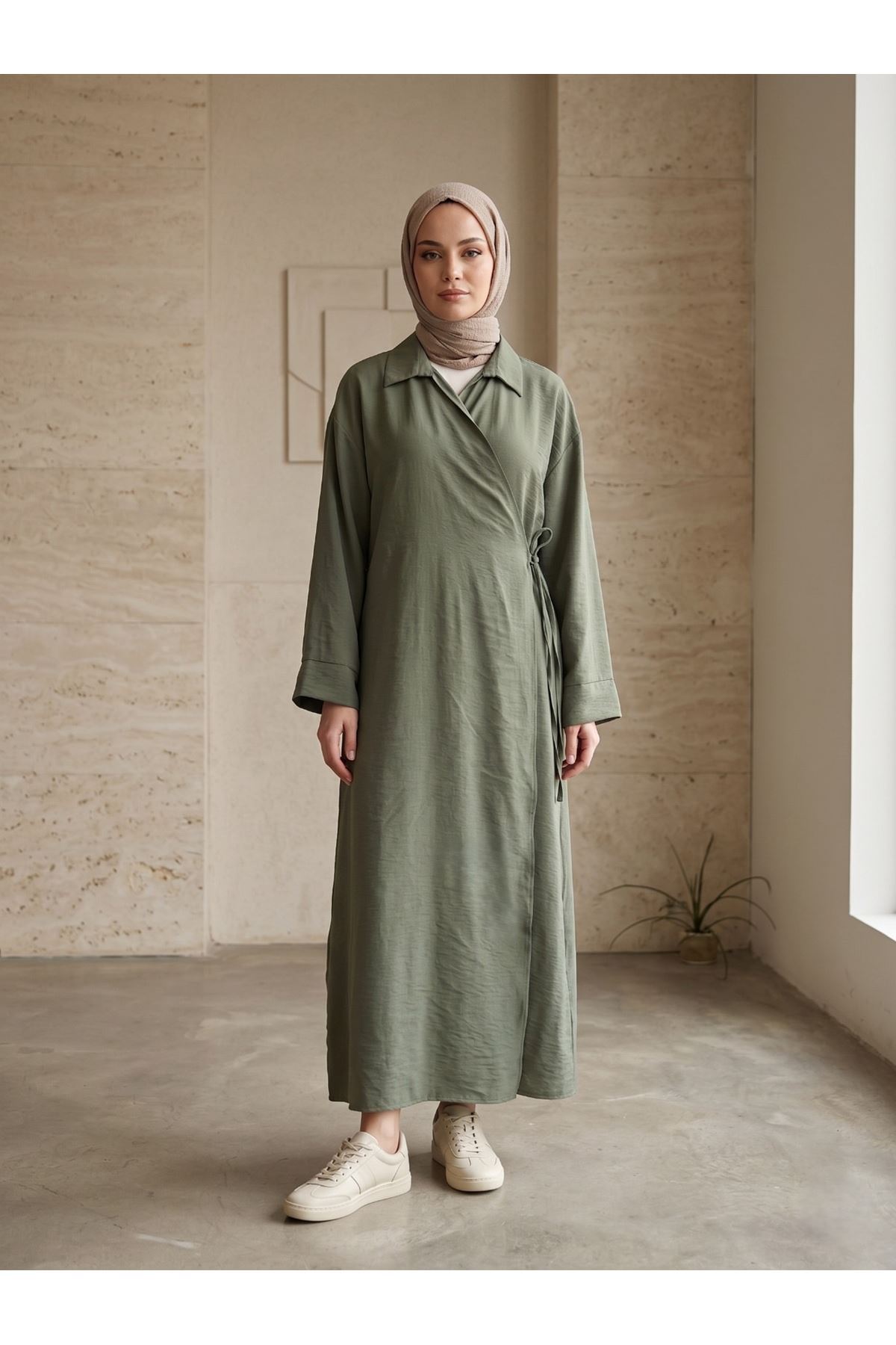 CKT01791-HKİ Yakalı Yandan Bağlamalı Uzun Ceket-Haki