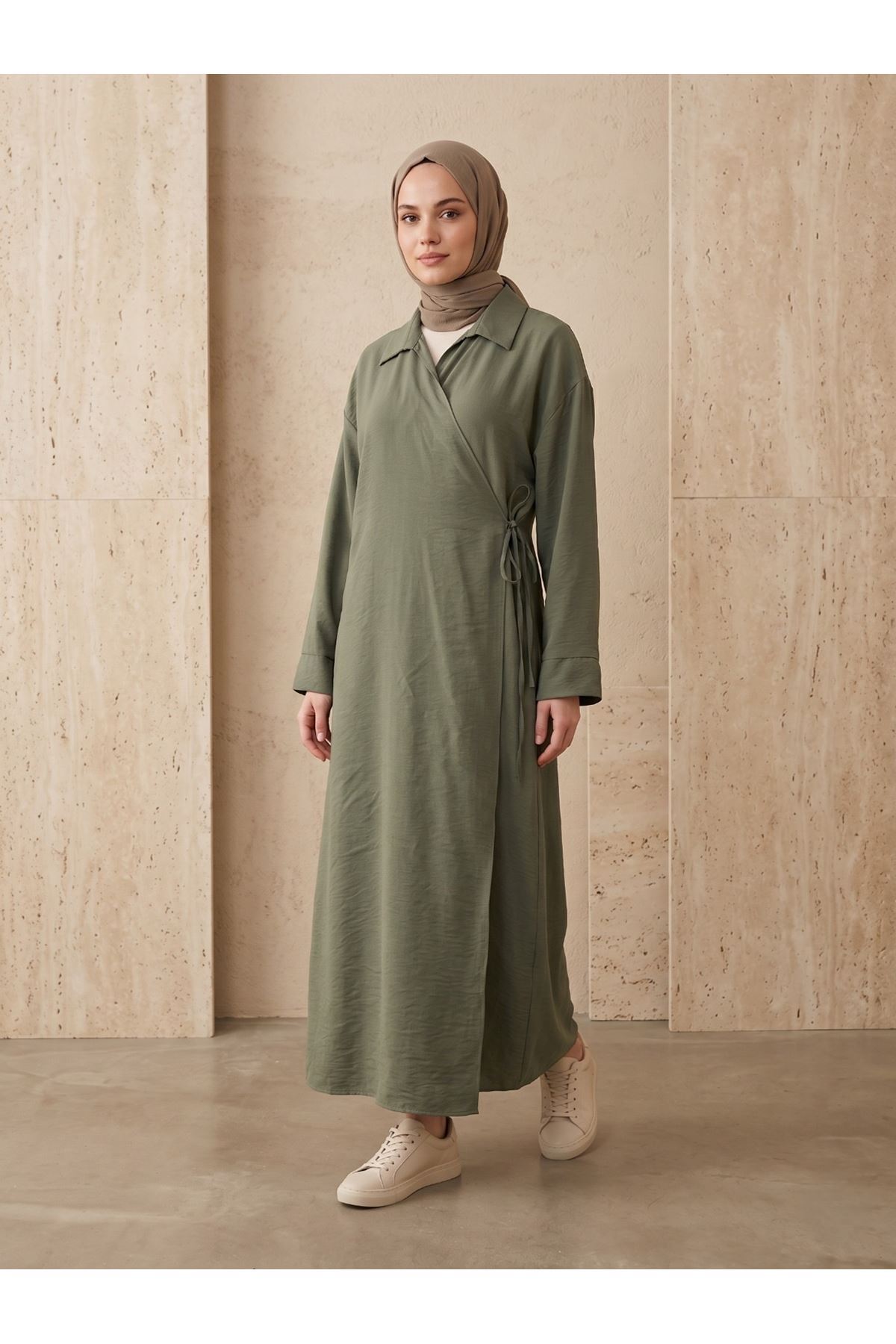 CKT01791-HKİ Yakalı Yandan Bağlamalı Uzun Ceket-Haki