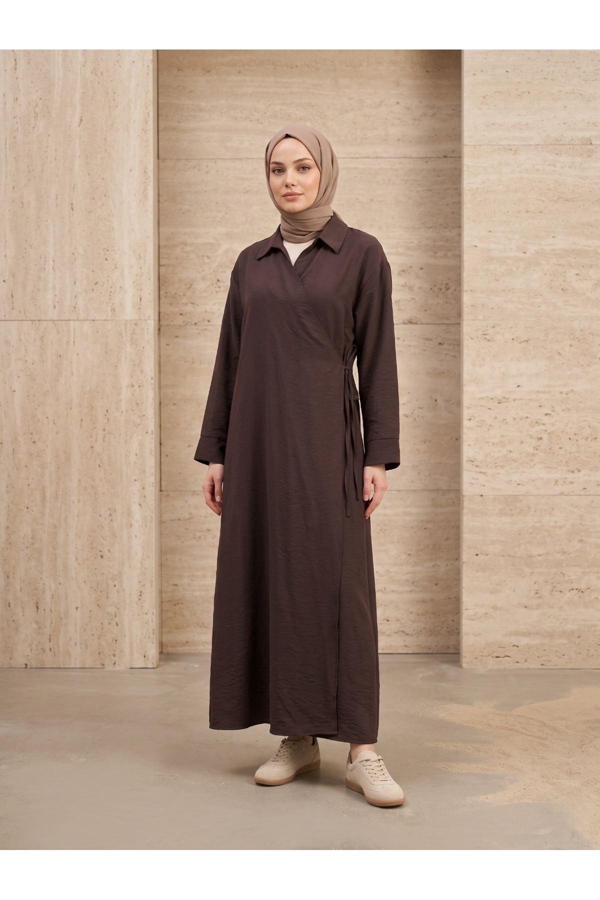 CKT01791-KHV Yakalı Yandan Bağlamalı Uzun Ceket-Kahve
