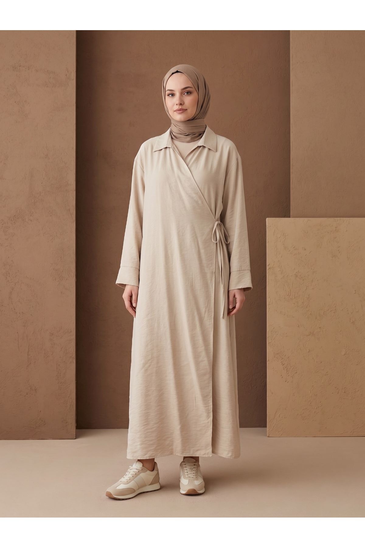 CKT01791-TAŞ Yakalı Yandan Bağlamalı Uzun Ceket-Taş