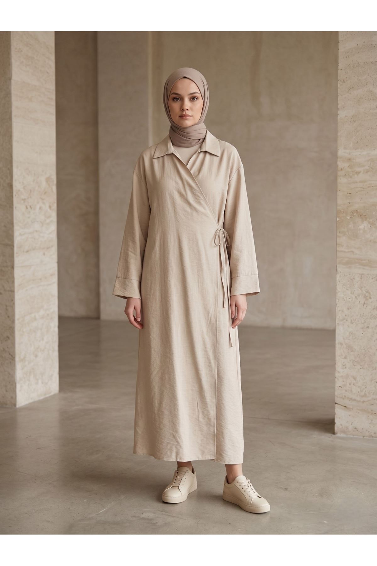 CKT01791-TAŞ Yakalı Yandan Bağlamalı Uzun Ceket-Taş