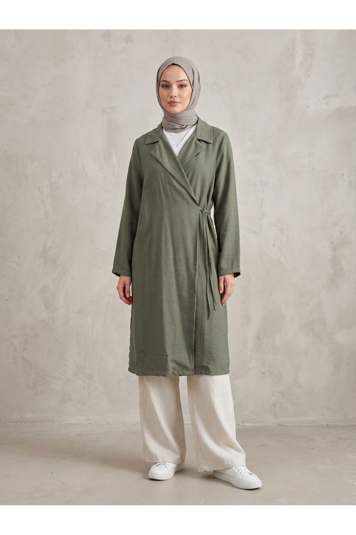 CKT01792-HKİ Yakalı Yandan Bağlamalı Kısa Ceket-Haki