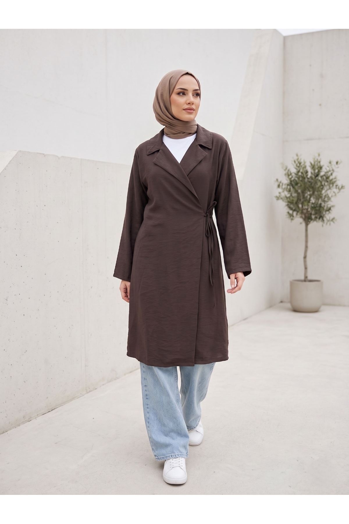 CKT01792-KHV Yakalı Yandan Bağlamalı Kısa Ceket-Kahve