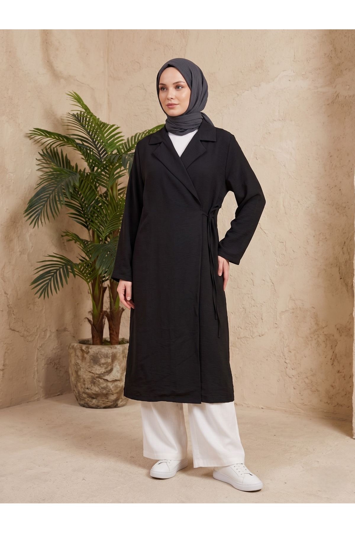 CKT01792-SYH Yakalı Yandan Bağlamalı Kısa Ceket-Siyah