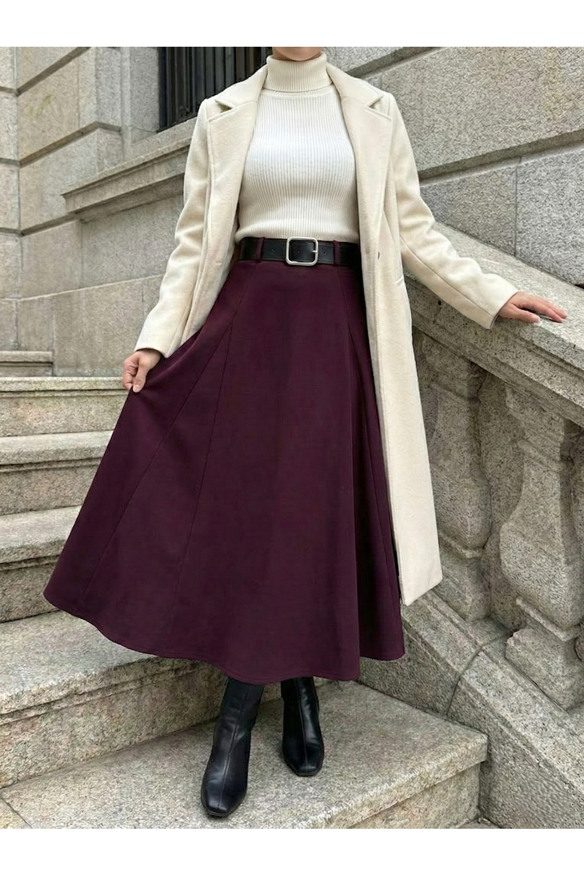 MOE03049-BRD Kelebek Detaylı Dabıl Etek-Bordo