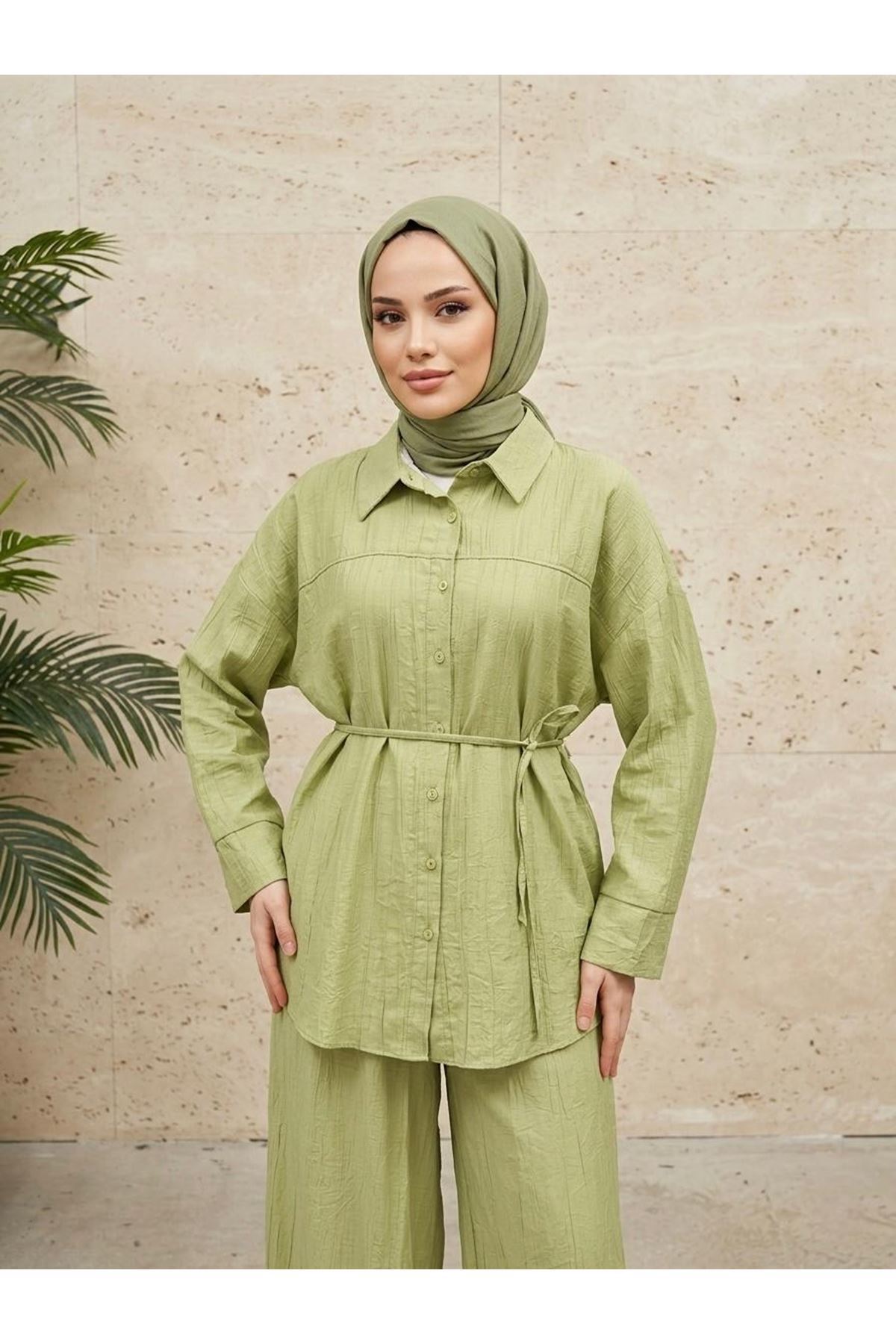 PİT00511-69 Ön Roba Detay Pantolonlu Takım-YAĞ YEŞİLİ