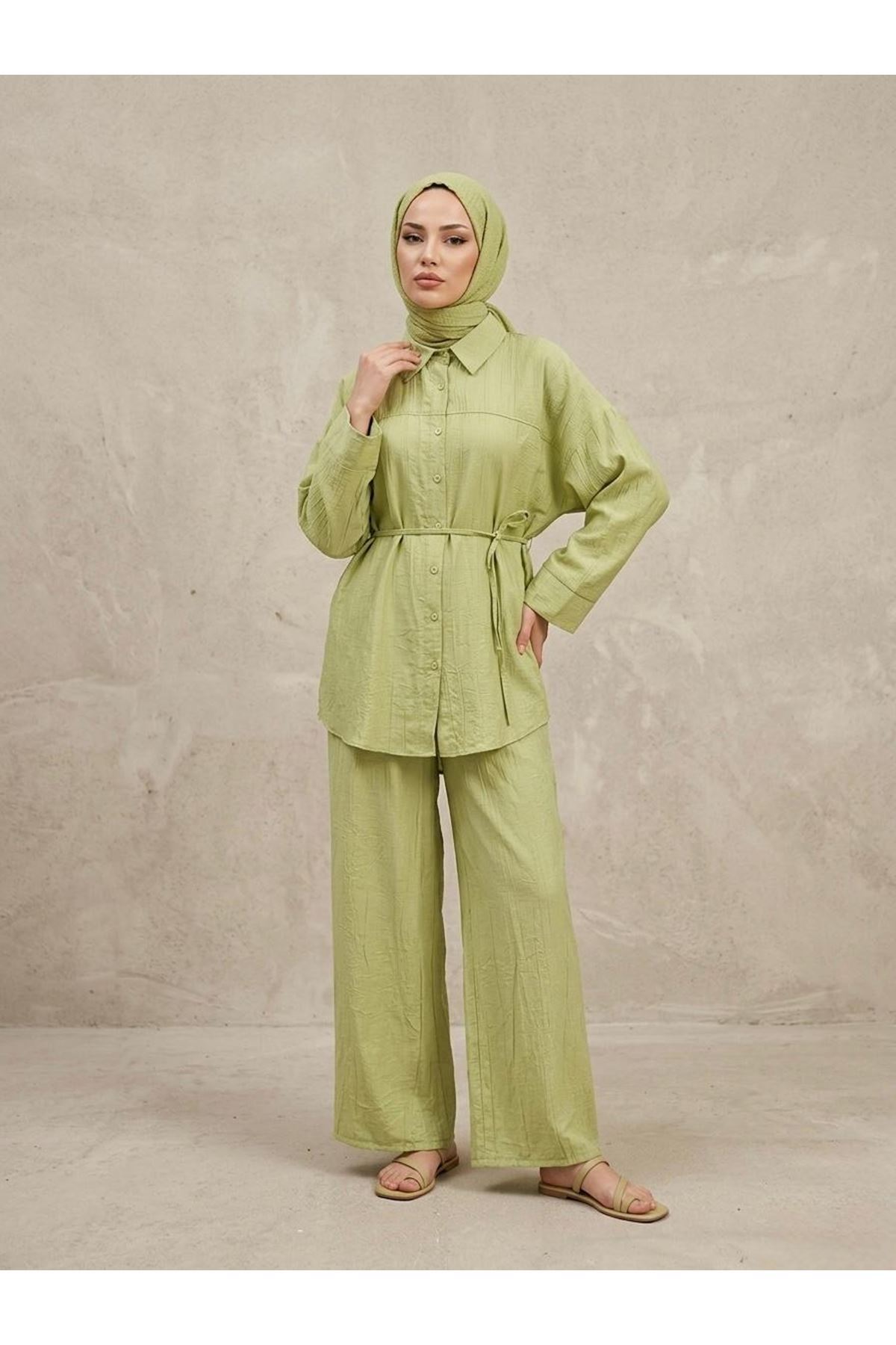 PİT00511-69 Ön Roba Detay Pantolonlu Takım-YAĞ YEŞİLİ