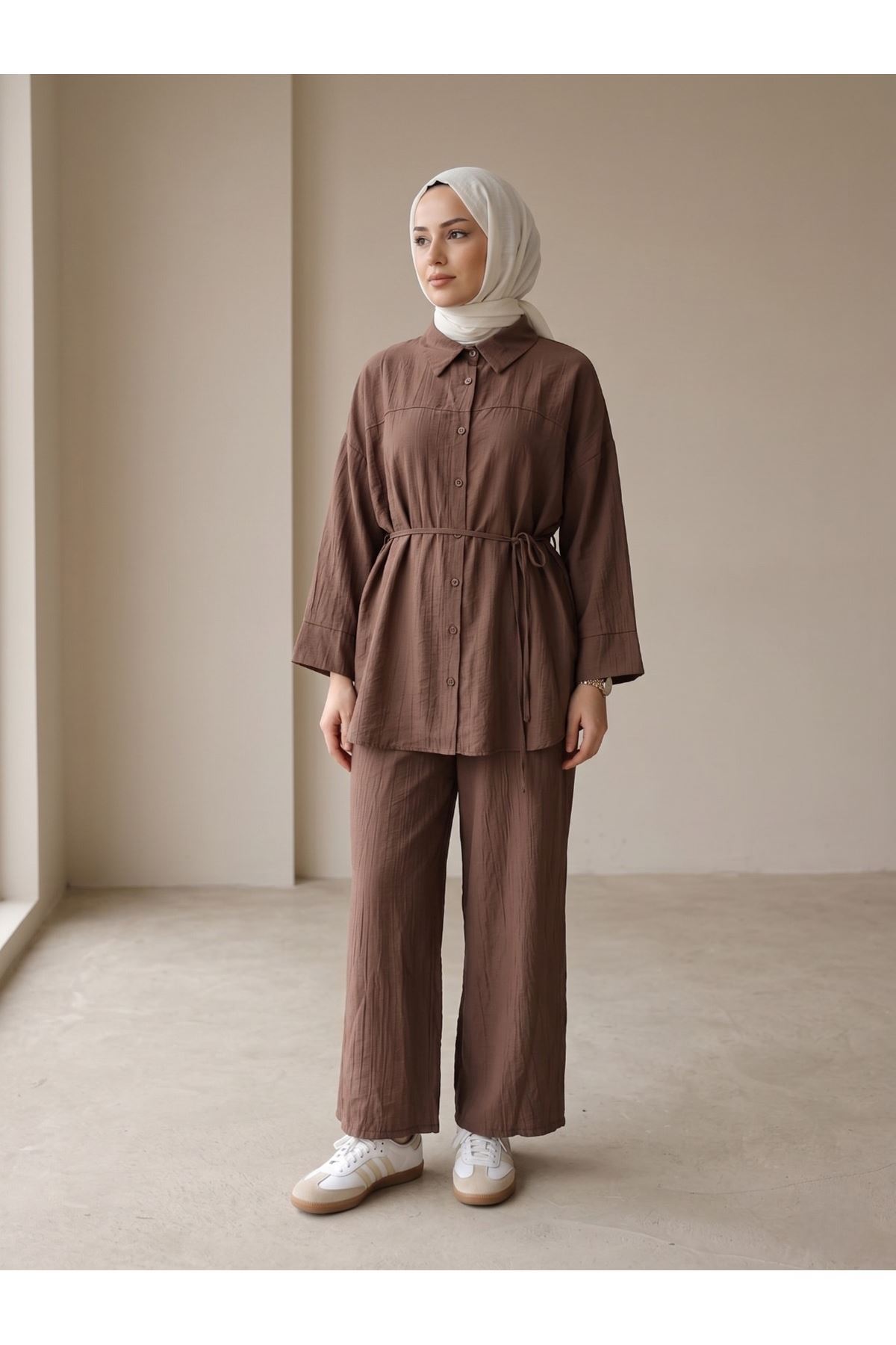 PİT00511-KHV Ön Roba Detay Pantolonlu Takım-Kahve