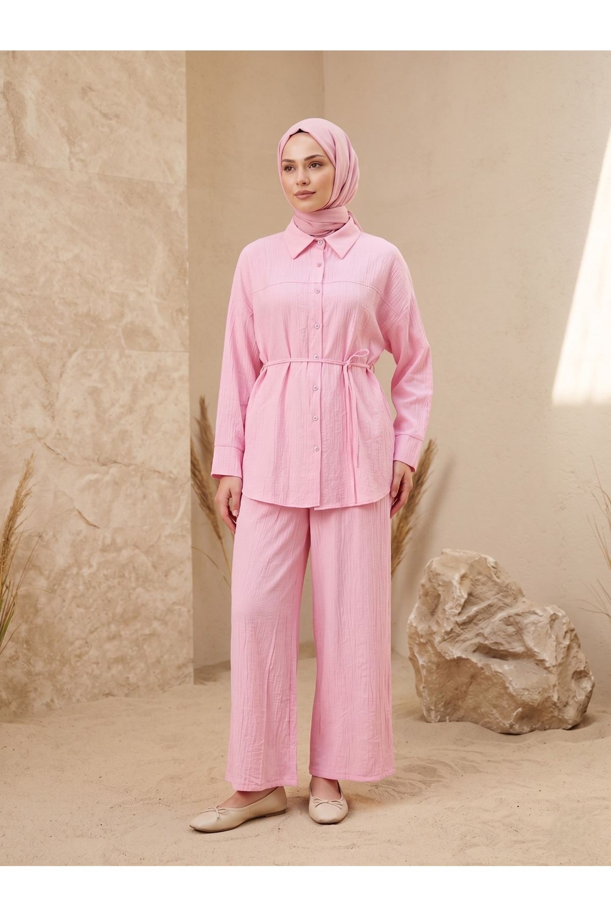 PİT00511-PMB Ön Roba Detay Pantolonlu Takım-Pembe