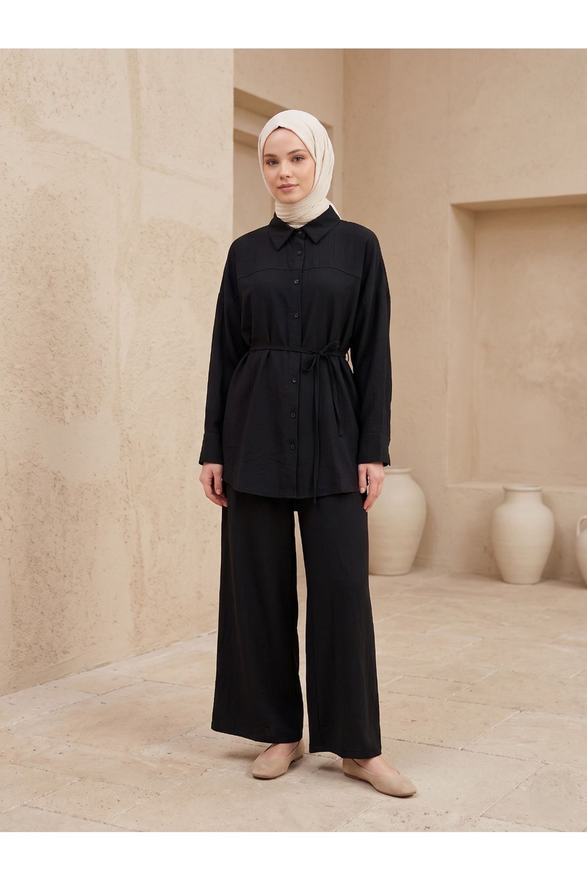 PİT00511-SYH Ön Roba Detay Pantolonlu Takım-Siyah