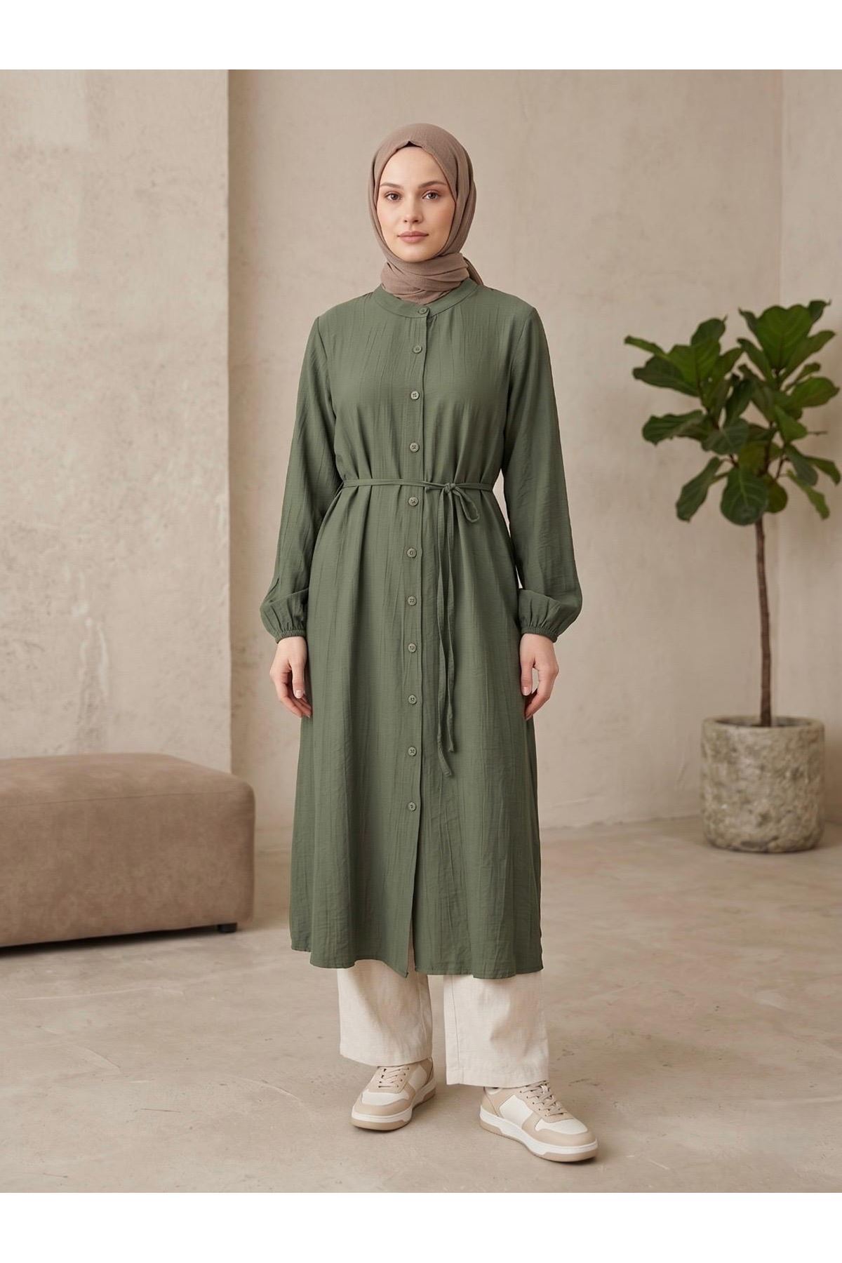 TUN05963-HKİ Hakim Yaka Uzun Tunik-Haki