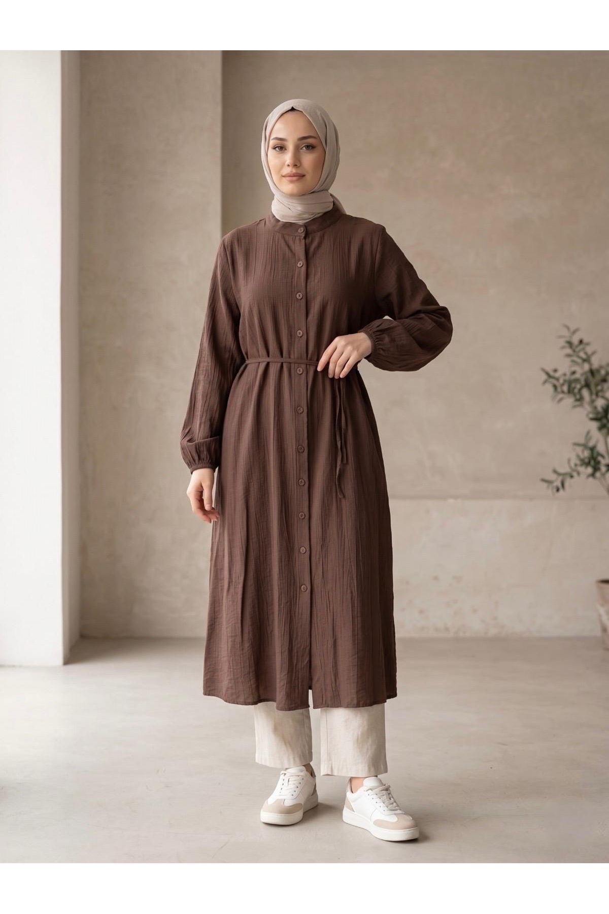 TUN05963-KHV Hakim Yaka Uzun Tunik-Kahve