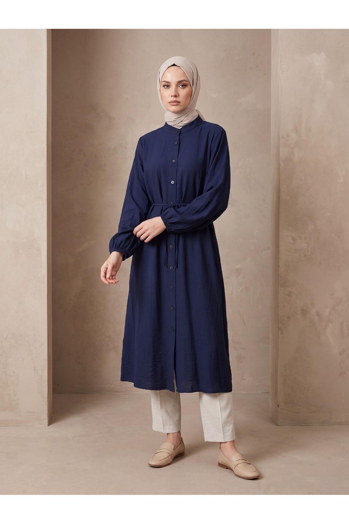 TUN05963-LCV Hakim Yaka Uzun Tunik-Lacivert