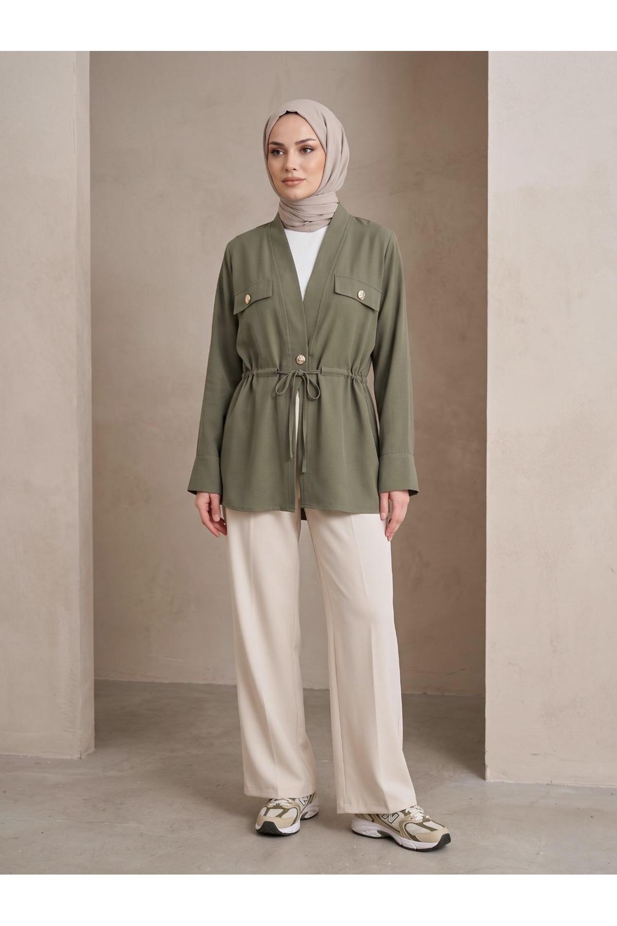 CKT01788-HKİ Çift Kapak Tünel Detay Ceket-Haki