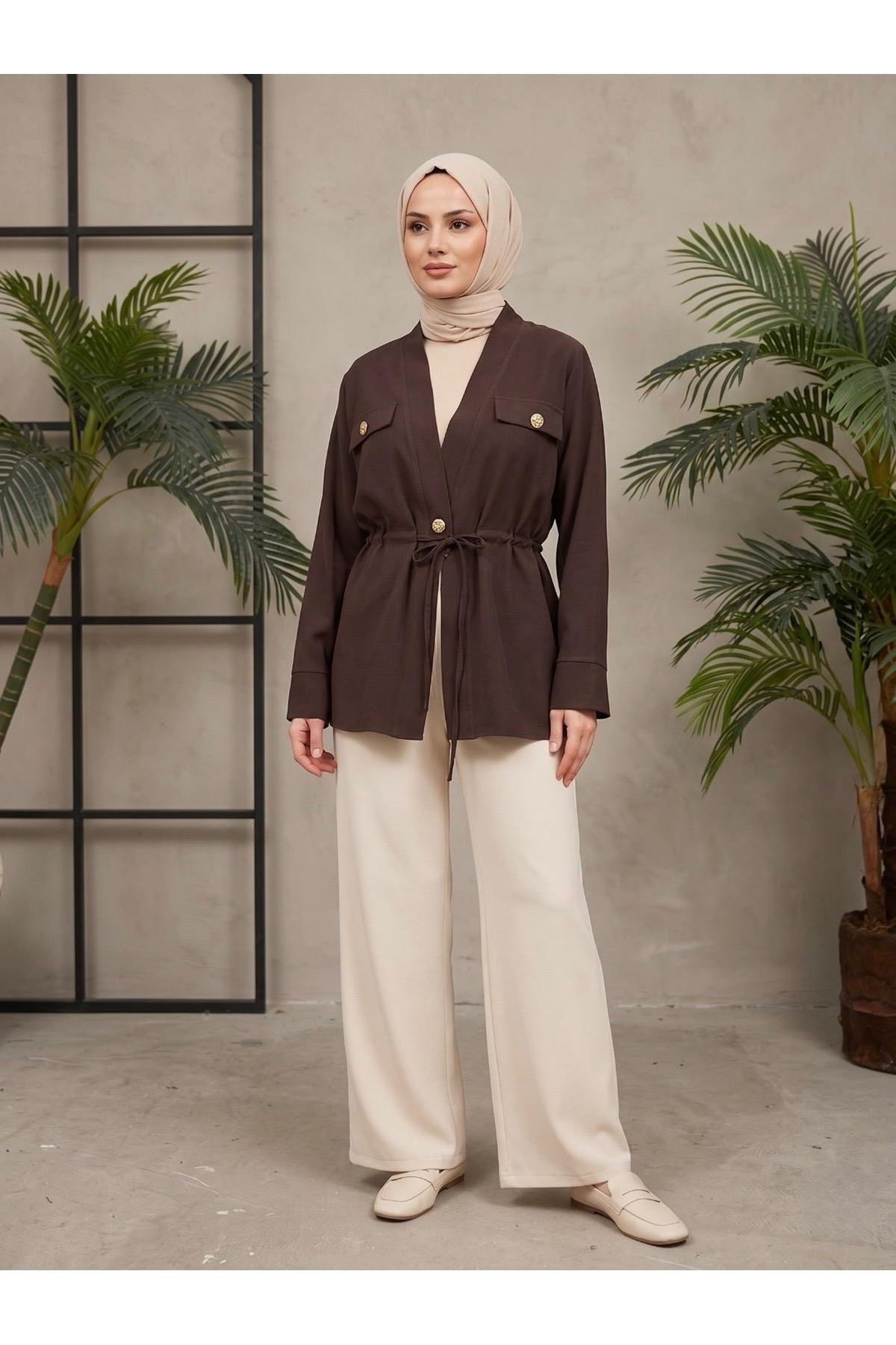 CKT01788-KHV Çift Kapak Tünel Detay Ceket-Kahve