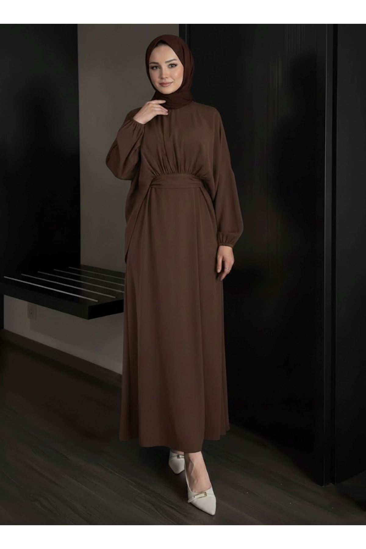 ELB04116-KHV Bağlamalı İkili Elbise-Kahve