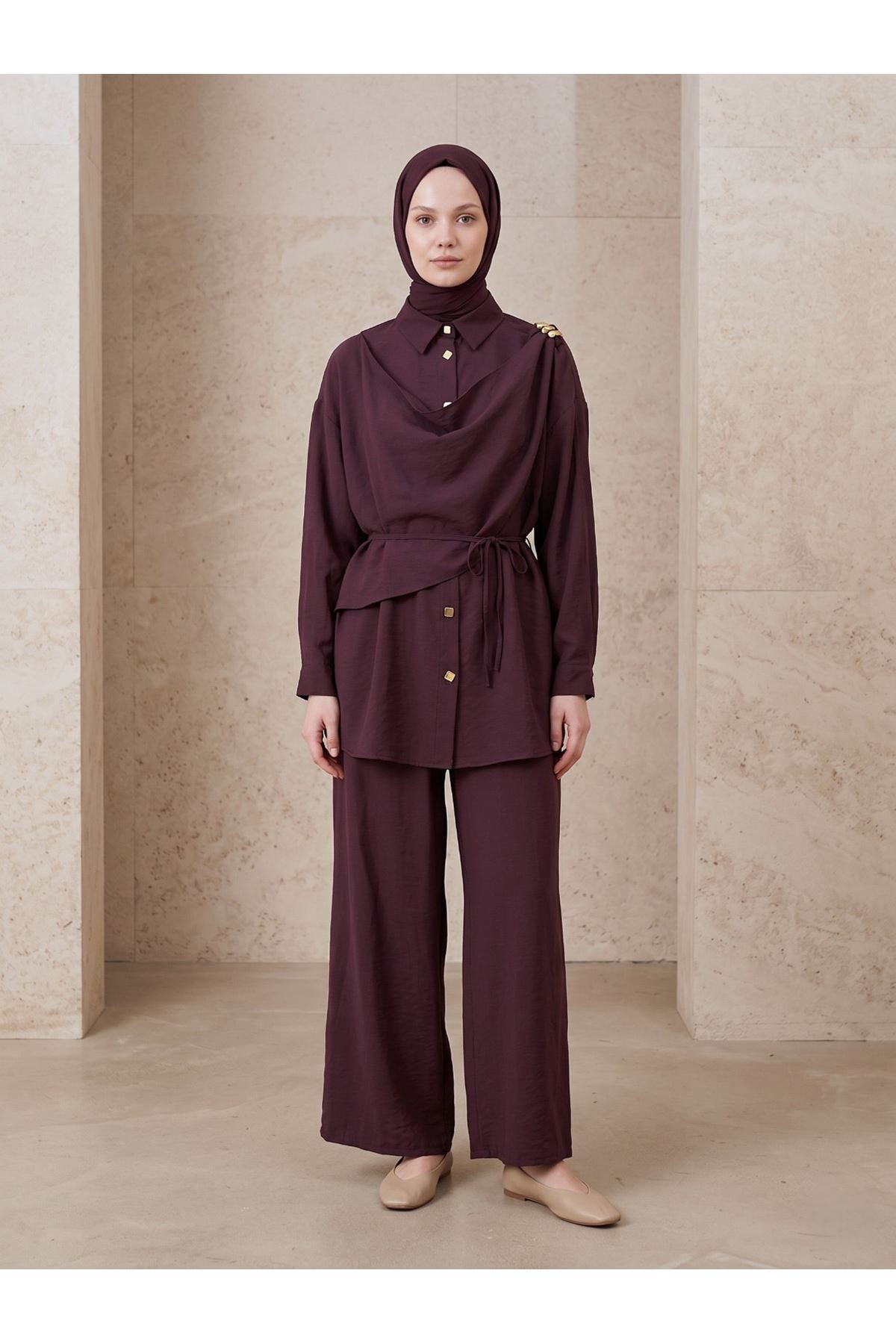 PİT00508-BRD Omuz Toka Detay Aller Pantolonlu Takım-Bordo