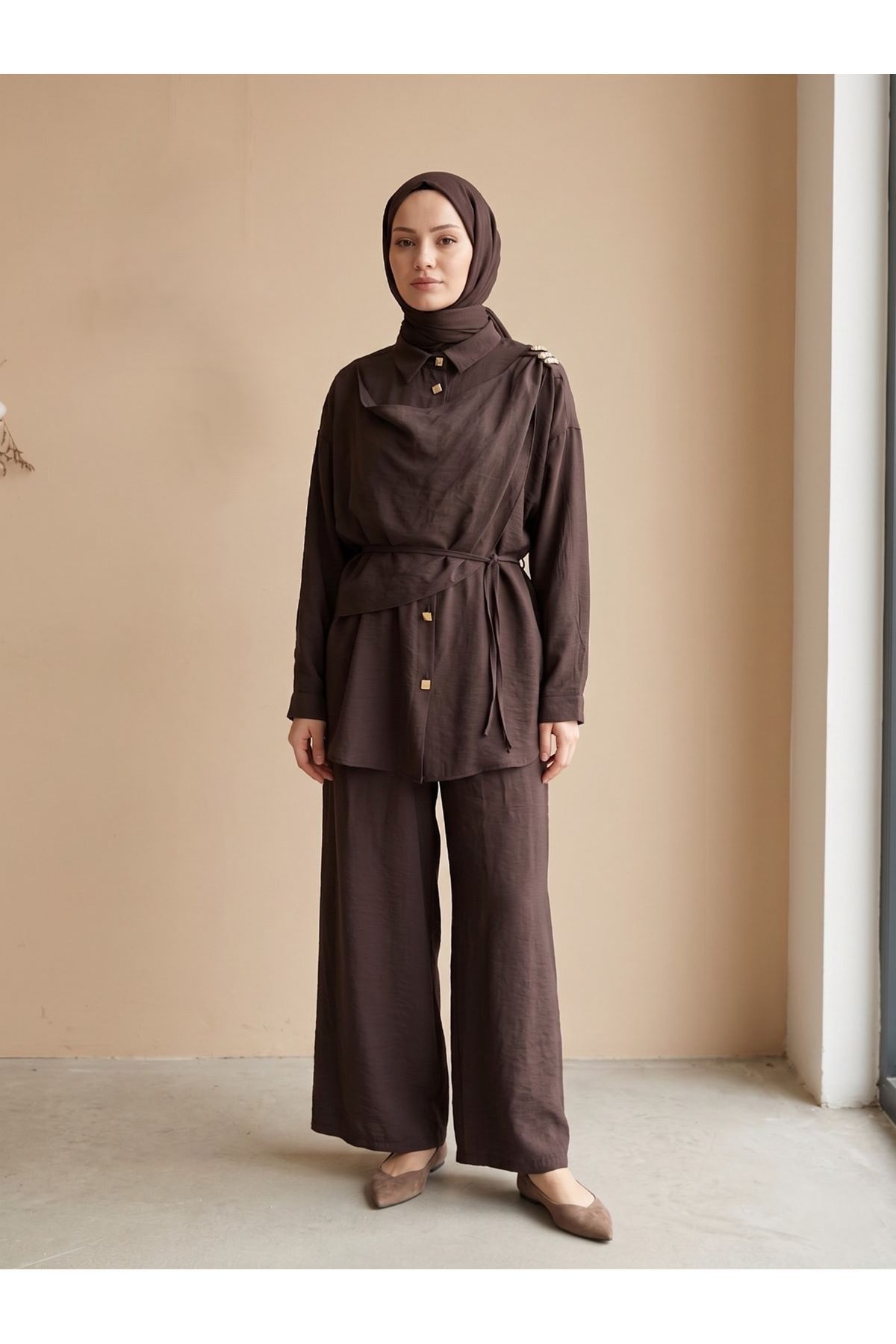 PİT00508-KHV Omuz Toka Detay Aller Pantolonlu Takım-Kahve